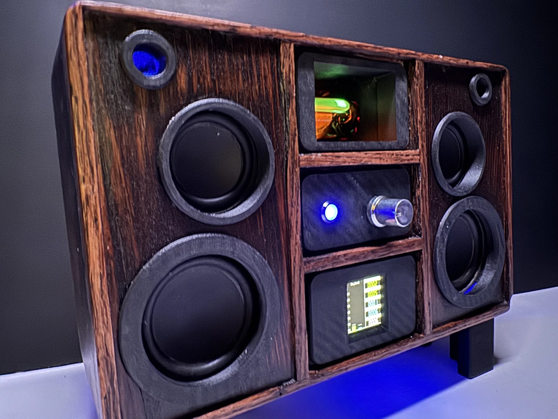 MAC Lite working wood-cabinet audio prototype with illuminated controls and displays