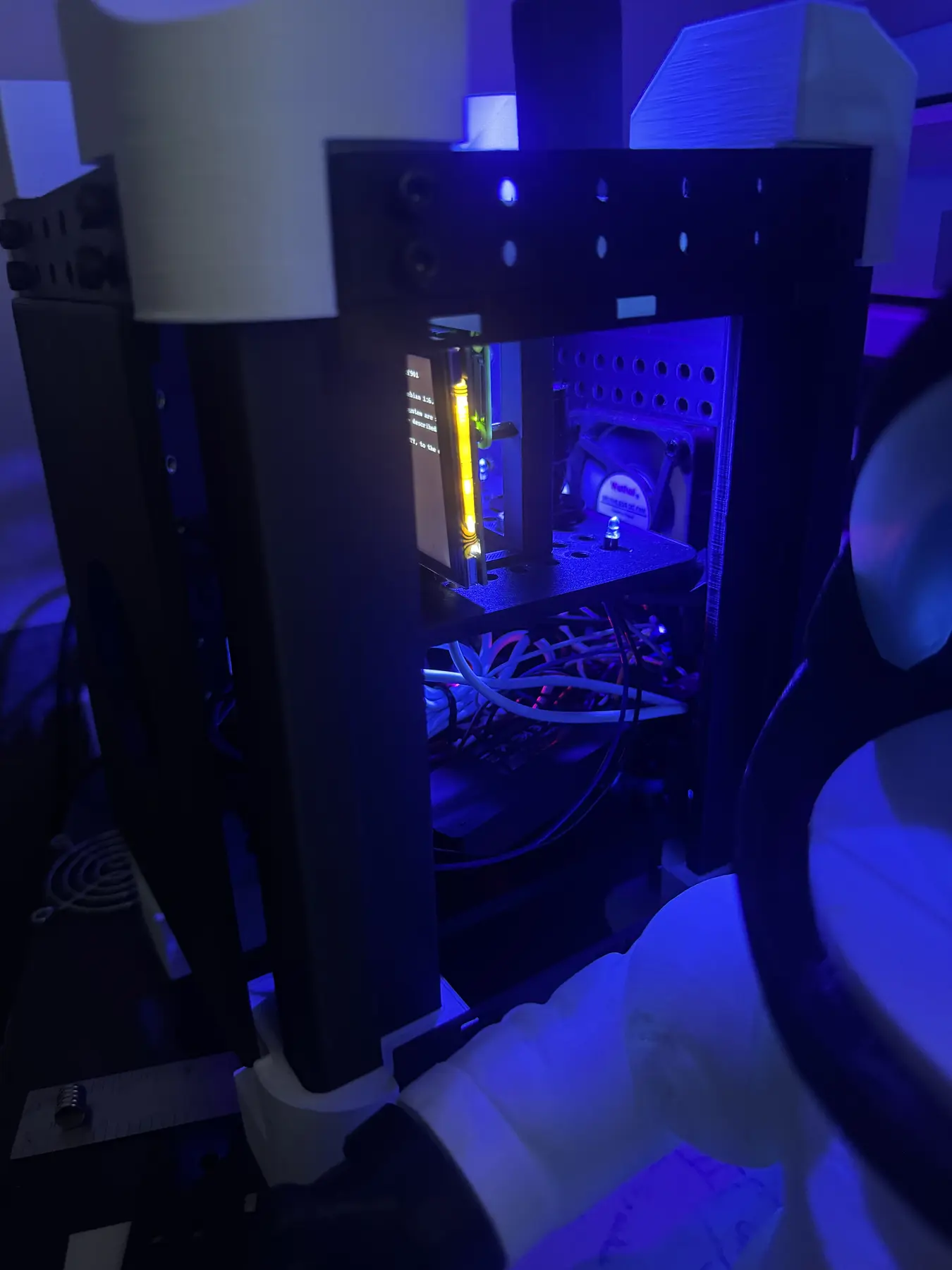 Illuminated Raspberry Pi electronics bay inside the completed MMRS rack